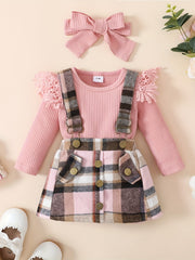 3pcs Baby Girls Long Sleeve Onesie & Plaid Suspender Skirt Set
