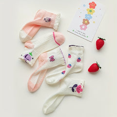 Girls 5 Pairs Breathable Crew Socks with Strawberries and Flowers