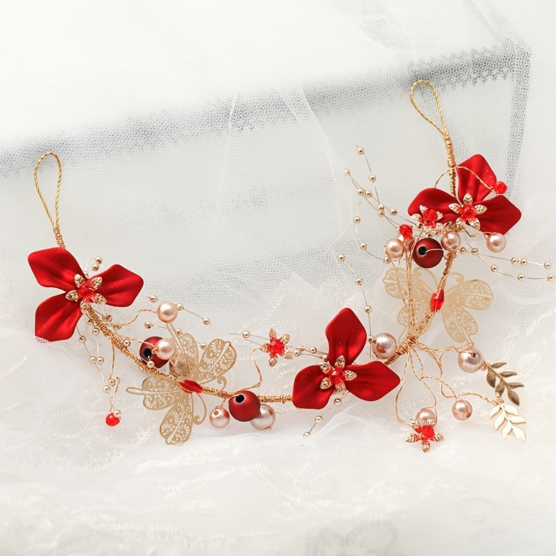 Chinese Style Red Flower Bridal Hair Accessories Set