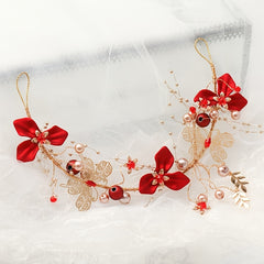 Chinese Style Red Flower Bridal Hair Accessories Set