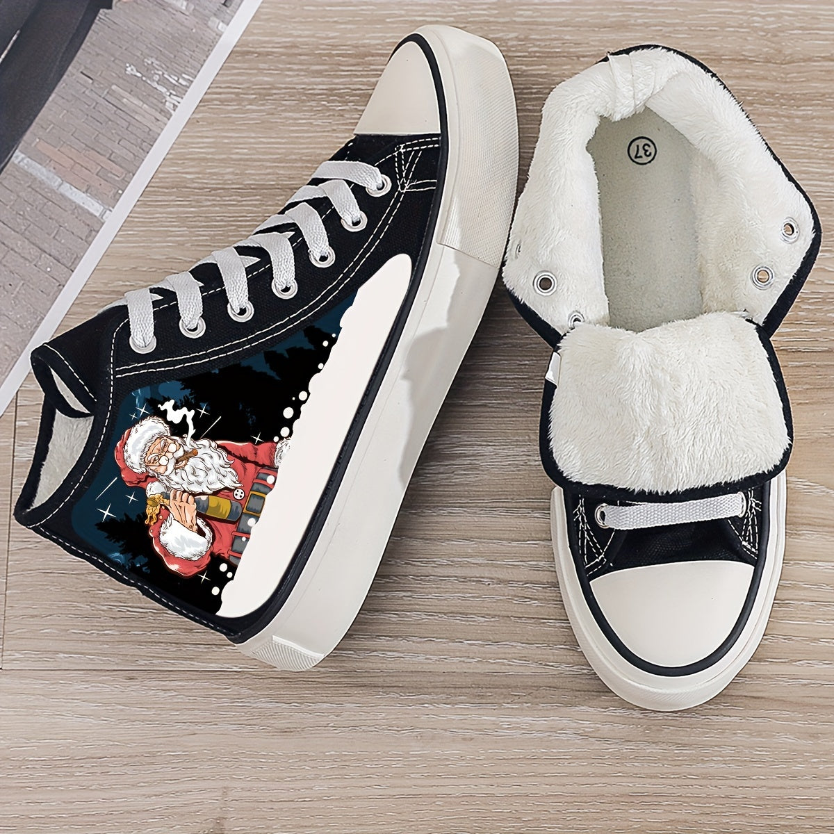 Christmas Santa Print Plush Lined Thermal Chunky Canvas Sneakers