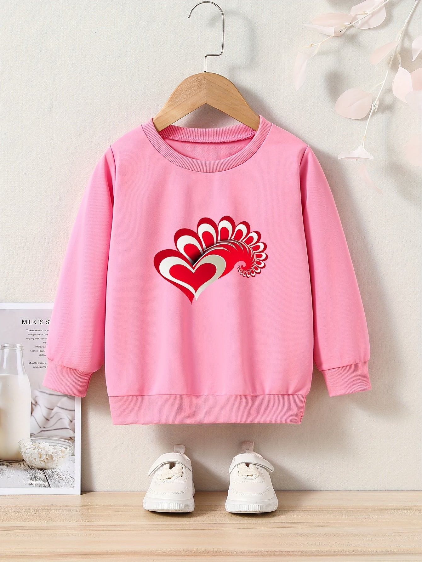 Love Heart Print Sweatshirt Girls Casual Graphic Crew Neck Pullover Sweatshirt