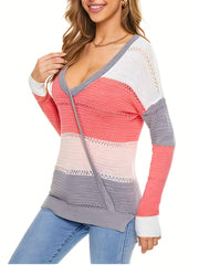 V Neck Eyelet Sweater Long Sleeve Block Casual Sweater