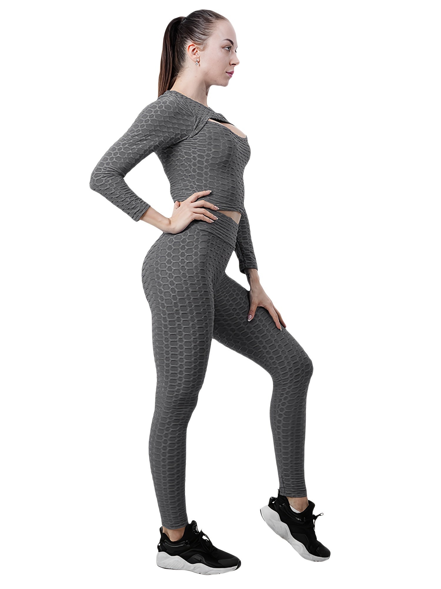 2pc Honeycomb Long Sleeve Yoga Set & High Waist Gym Leggings