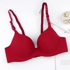 Red Seamless Push Up Wireless Bra Three Rows Buckles