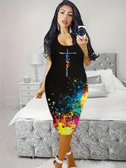 Casual Summer Dress Women's Plus Letter & Splash Print Scoop Neck