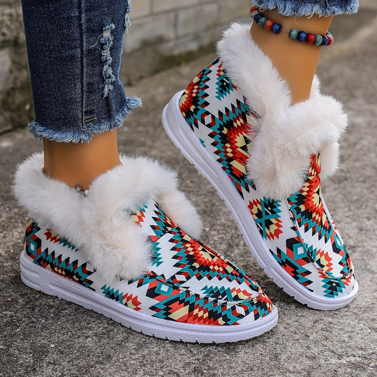 Women's Winter Flats Geometric Pattern Plush Thermal Canvas Shoes