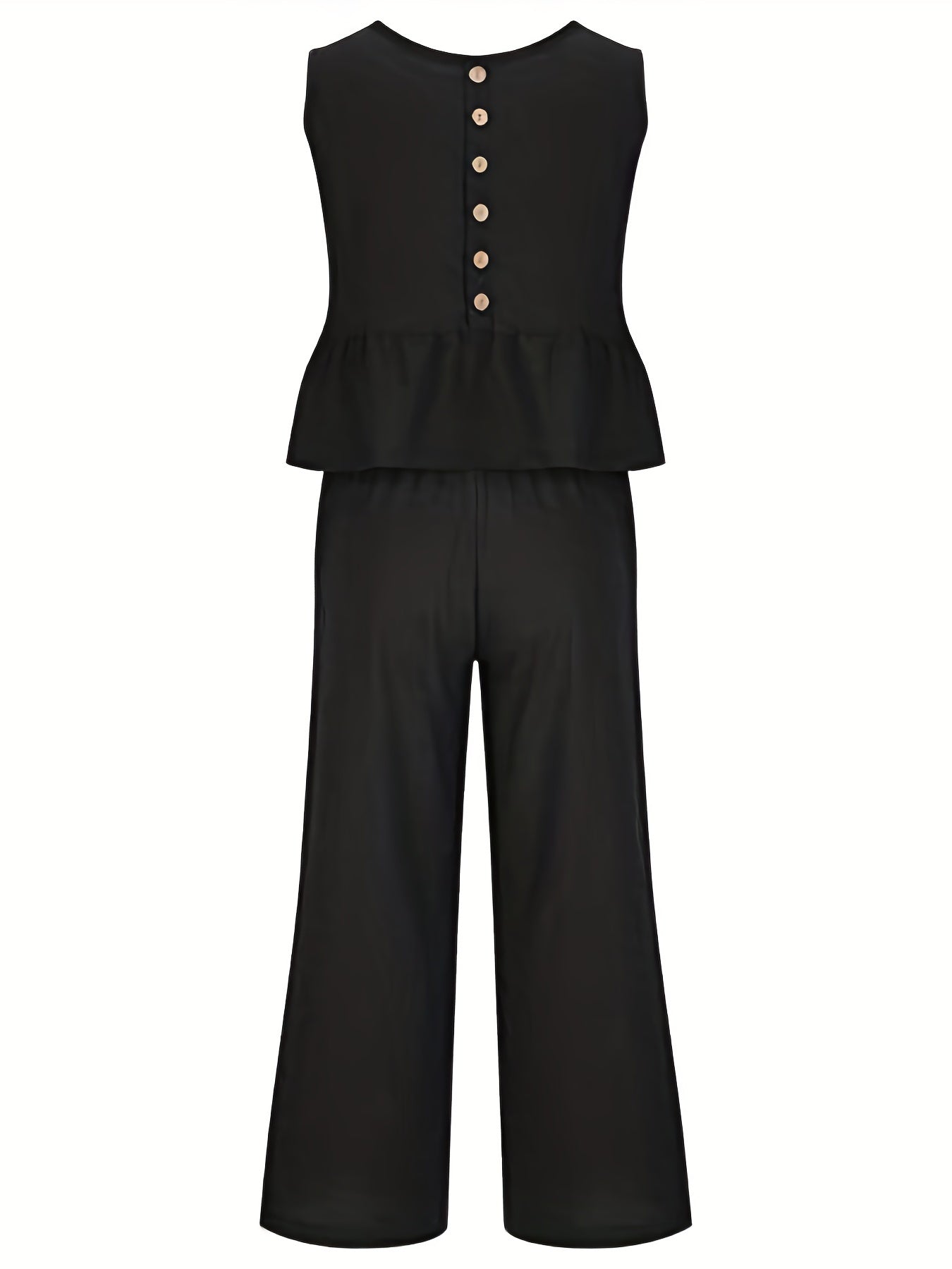 Solid Casual Two piece Set Crew Neck Buttons Tank Top & Wide Leg Pants