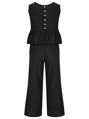 Solid Casual Two piece Set Crew Neck Buttons Tank Top & Wide Leg Pants