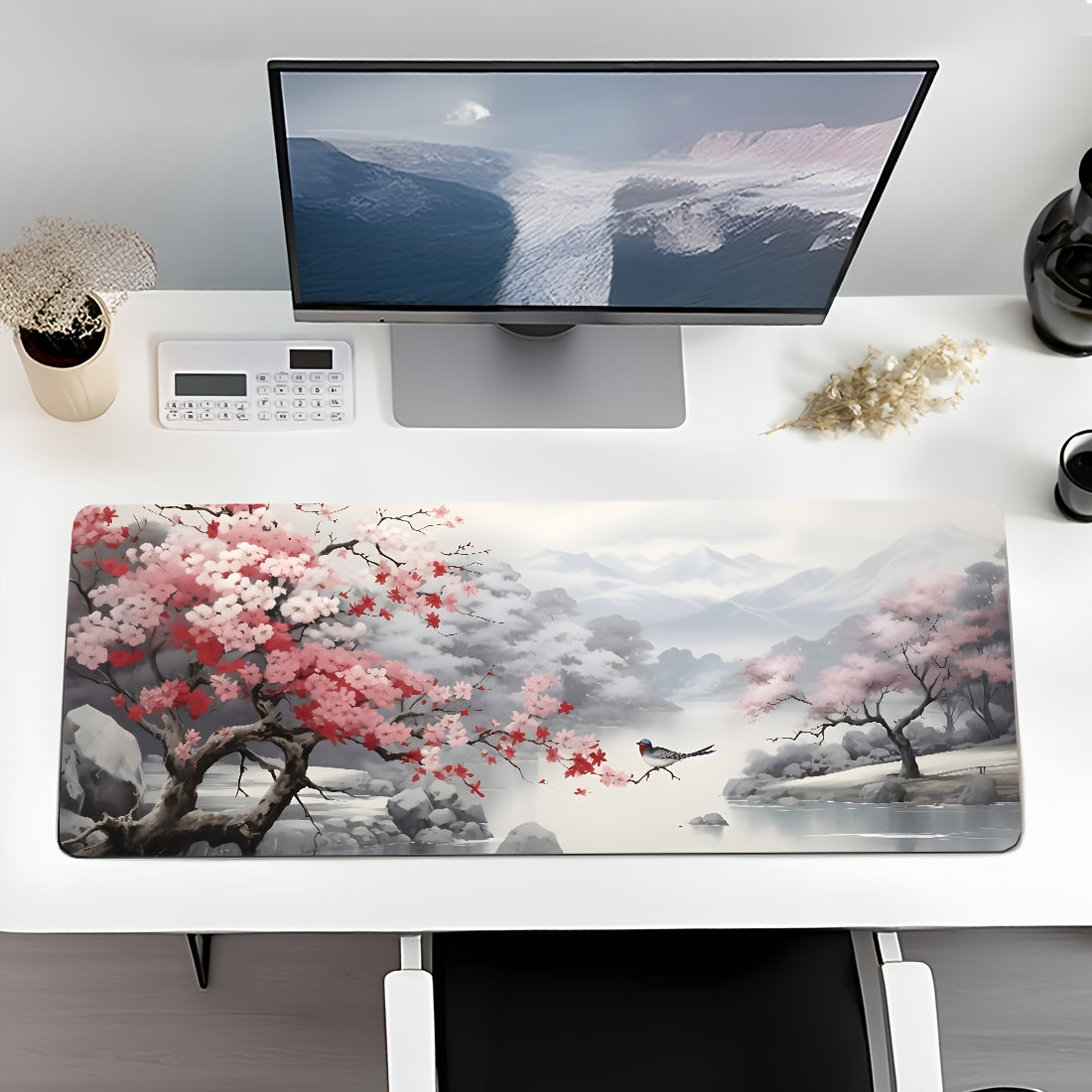 Pink Ancient Style Mountain Water Painting Series Large Desktop Mouse Pad