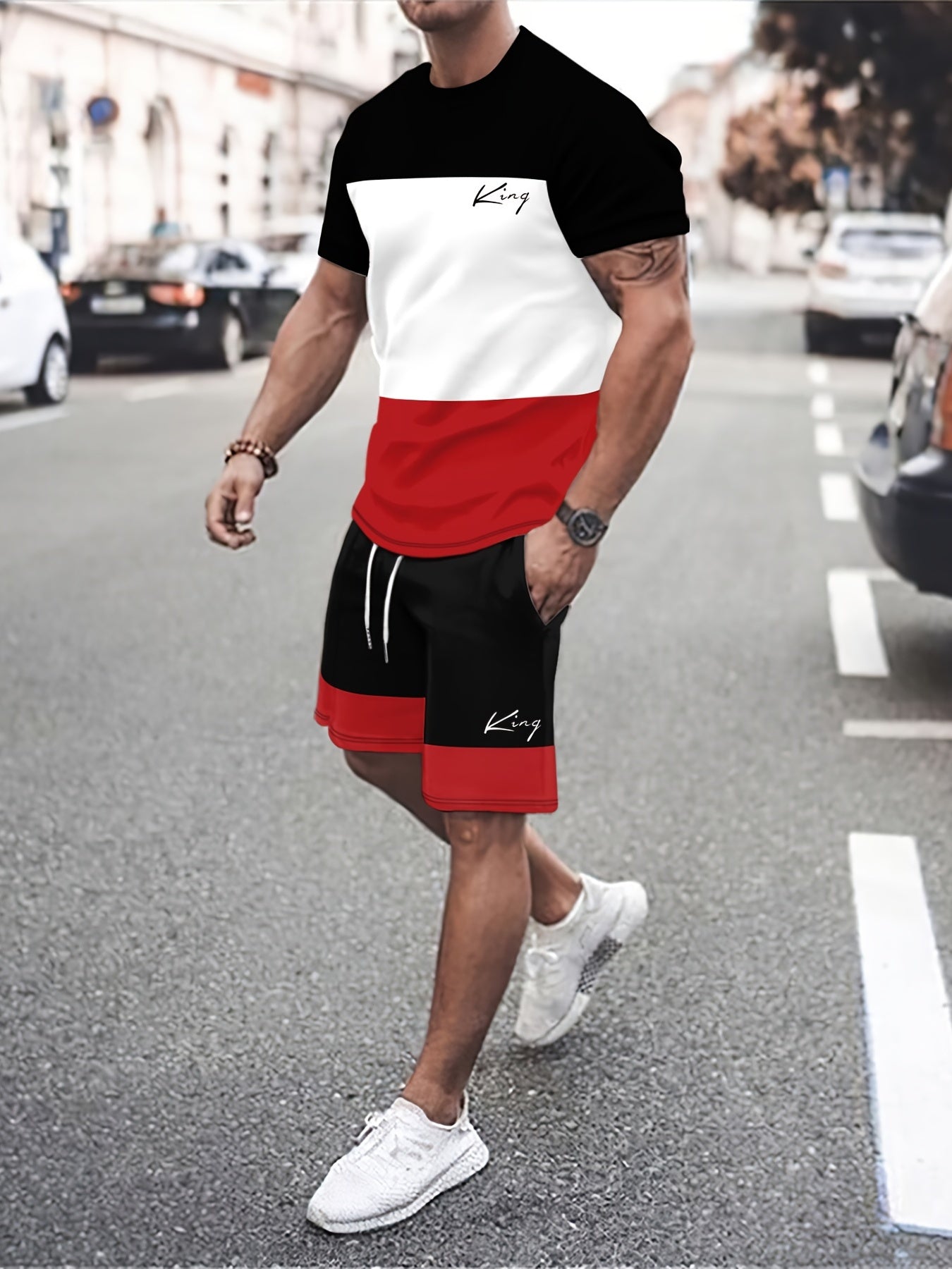Men's Block Pattern Print 2-Piece Outfit Short Sleeve T-Shirt and Shorts Set