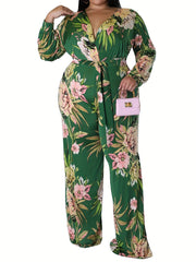 Floral Print Surplice Neck Jumpsuit with Belt