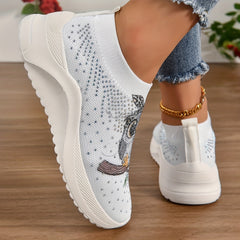 Women's Owl Graphic Rhinestone Sneakers Slip On Sock Shoes