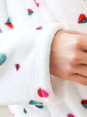 Heart Print Fuzzy Night Robe Long Sleeve Robe Women's Sleepwear