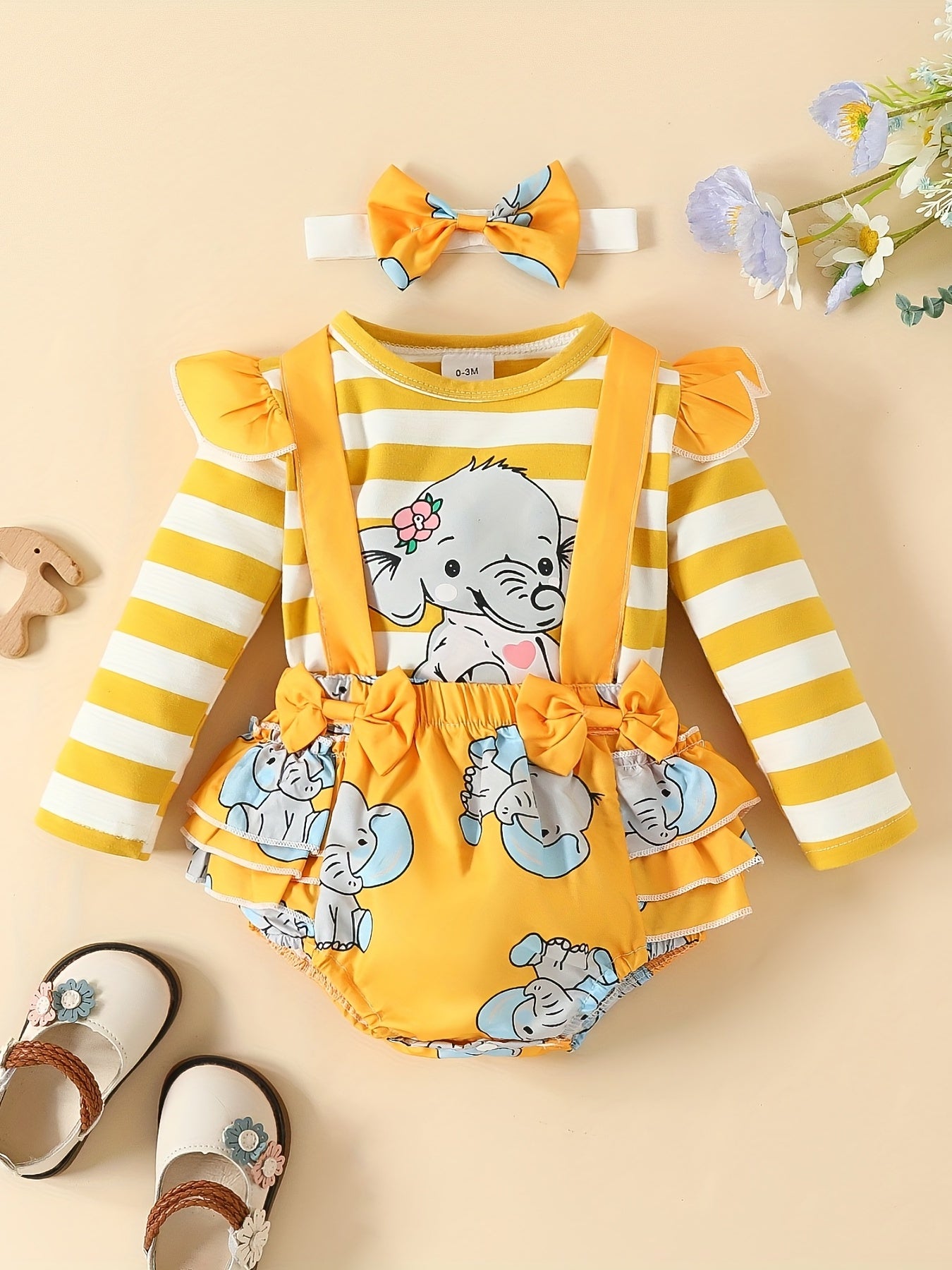 2pcs Baby Girls Lace Sleeves Elephant Top And Skirt Suit