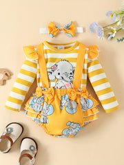 2pcs Baby Girls Lace Sleeves Elephant Top And Skirt Suit