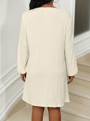Solid Ribbed Lantern Sleeve V Neck Dress
