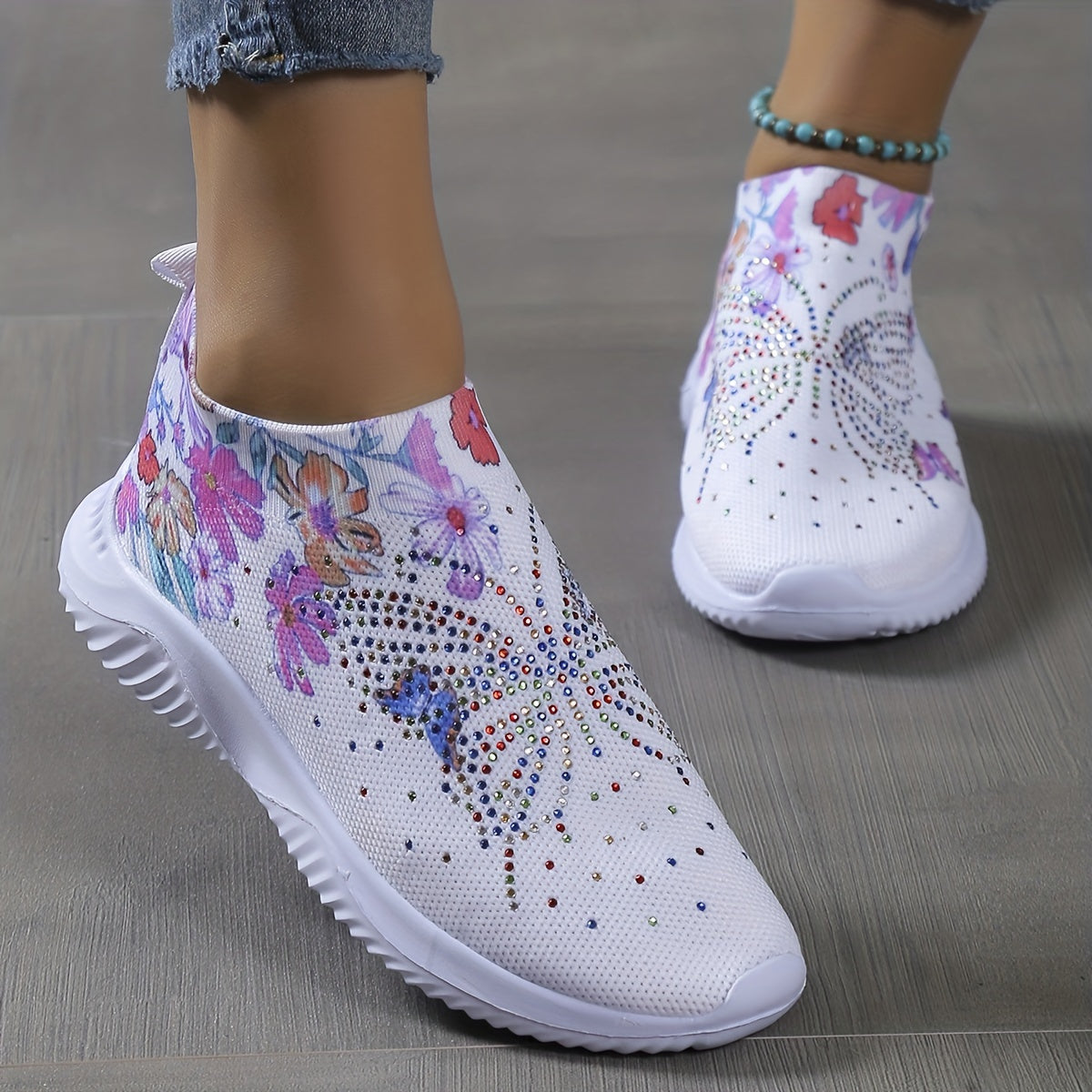 Floral Printed Butterfly Slip On Sneakers Rhinestone Decor Knitted Shoes