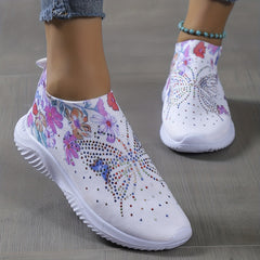 Floral Printed Butterfly Slip On Sneakers Rhinestone Decor Knitted Shoes