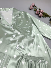 Heart Print Pajama Set Long Sleeve Buttons Top & Elastic Waistband Pants