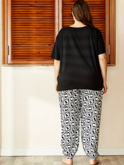 Casual Pajama Set Women's Short Sleeve Top & Print Pants Two Piece Set