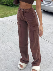 Dark Brown High Waist Wide Leg Cargo Denim Pants