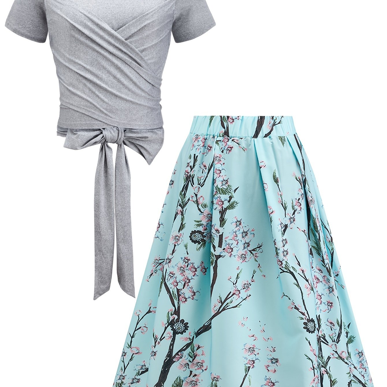 2 Piece Set: Bow Knot Crop Top & Floral Print Pleated Skirt