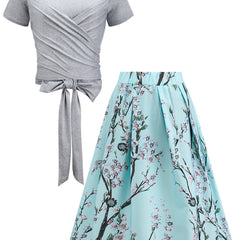 2 Piece Set: Bow Knot Crop Top & Floral Print Pleated Skirt