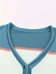 Stripe Print Button Up Lantern Sleeve V Neck Pullover Jumper