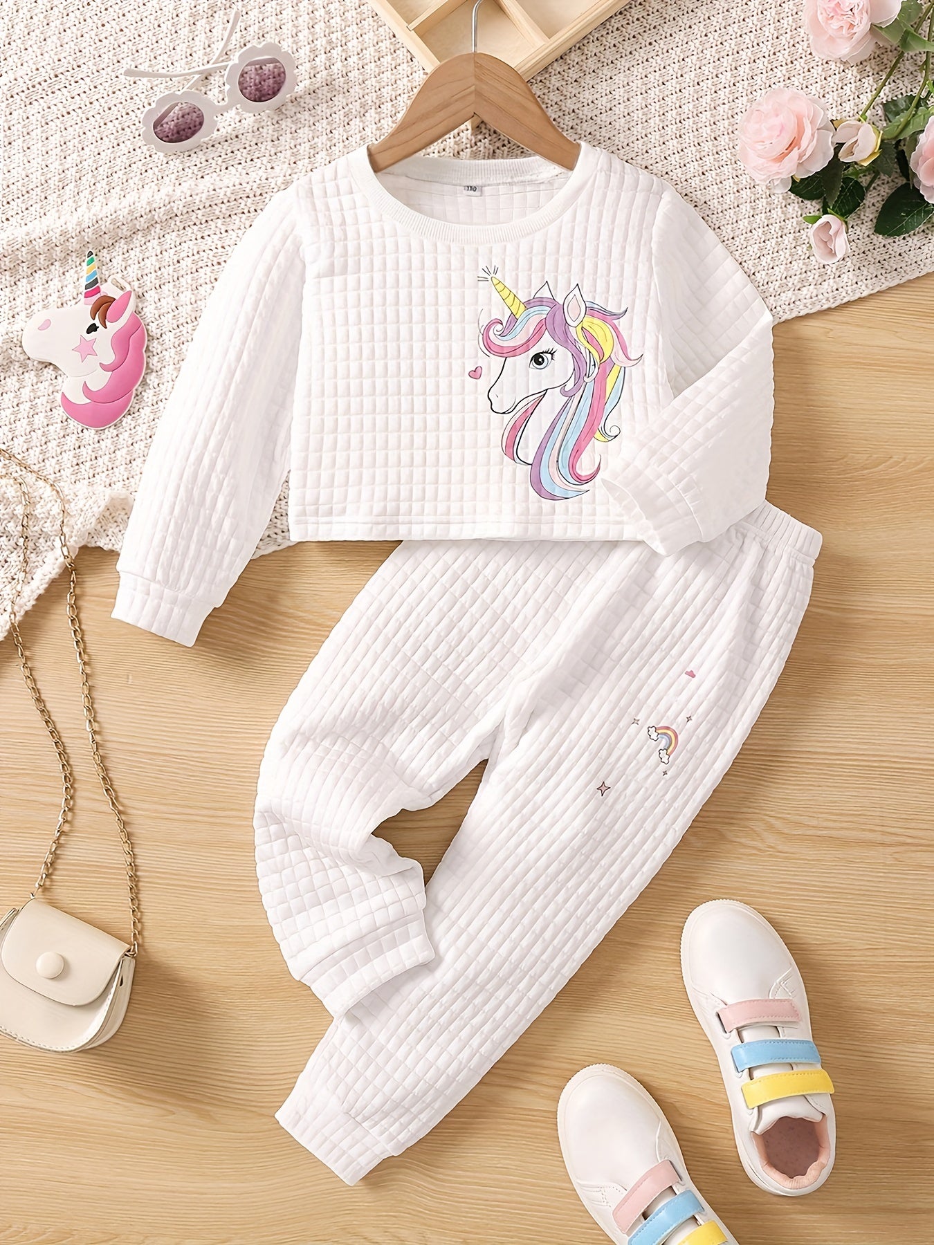 Girl's Unicorn Print Waffle Outfit Set for Spring Fall
