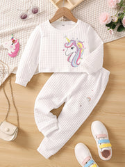 Girl's Unicorn Print Waffle Outfit Set for Spring Fall