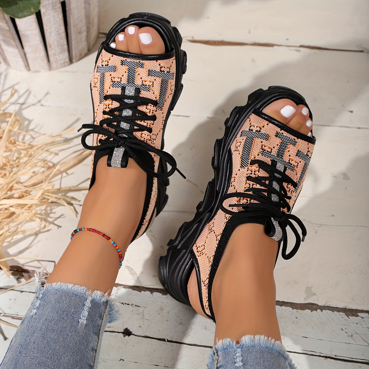 Women's Lace up Platform Sandals Hollow Out Comfort Summer Sports Sandals