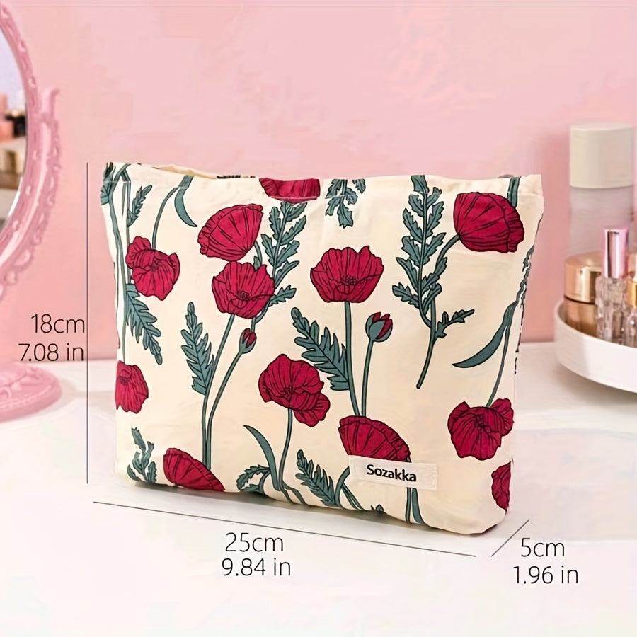 Red Floral Pattern Cosmetic Bag Corduroy Makeup Pouch