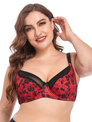 Contrast Lace Floral Print Sheer Underwire Bra Plus Size Full Coverage Bralette