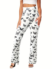Butterfly Print Flare Leg Pants Casual Forbidden Pants