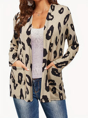 Leopard Print Long Sleeve Open Front Cardigan With Pockets