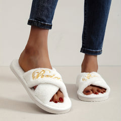 Embroidered Cross Strap Slippers Warm Plush Lined Bridal Party Slippers