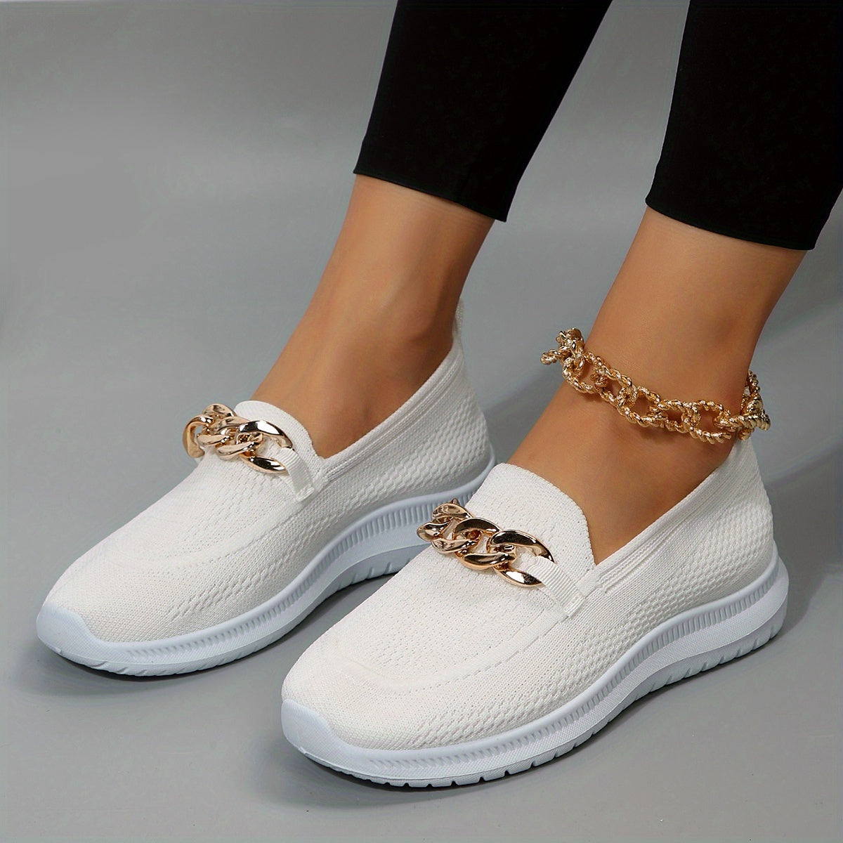 Women's Flat Sock Shoes Metal Chain Slip On Casual Walking Shoes