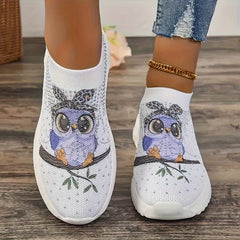 Women's Owl Cartoon Print Rhinestone Tennis Shoes Lightweight Non slip