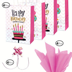 4pcs Happy Birthday Gift Bag Set with Wrappers and Ribbon Ties - Pink Series