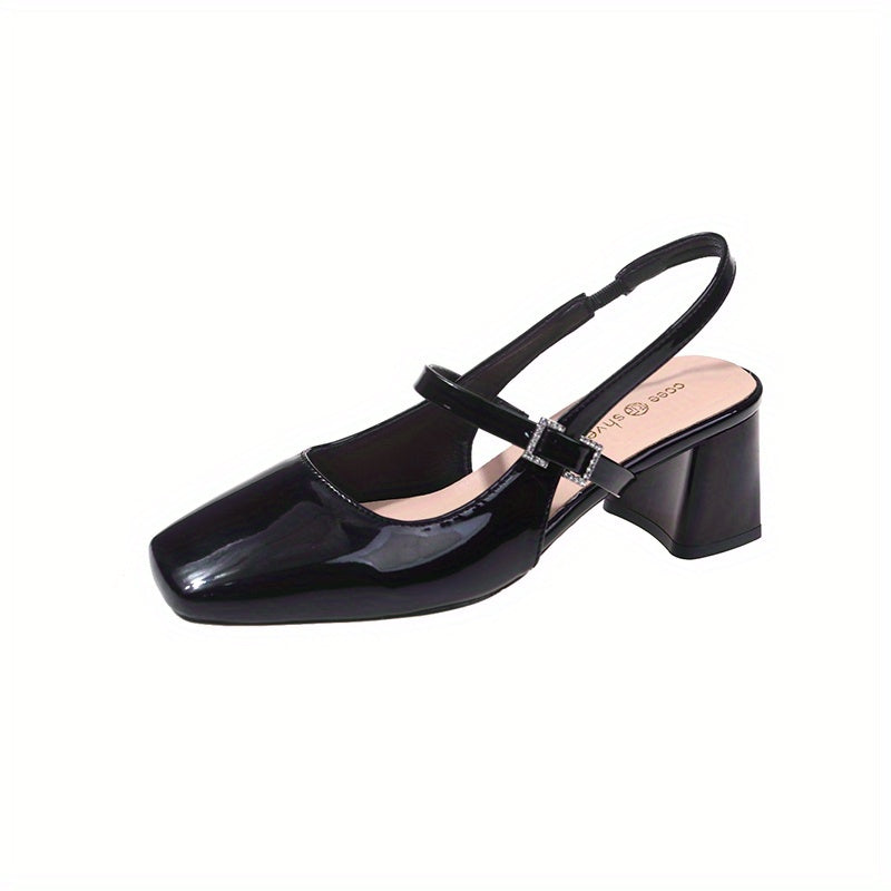 Chunky Heeled Sandals Square Toe Patent Leather Slingback Mary Jane Mid Heels