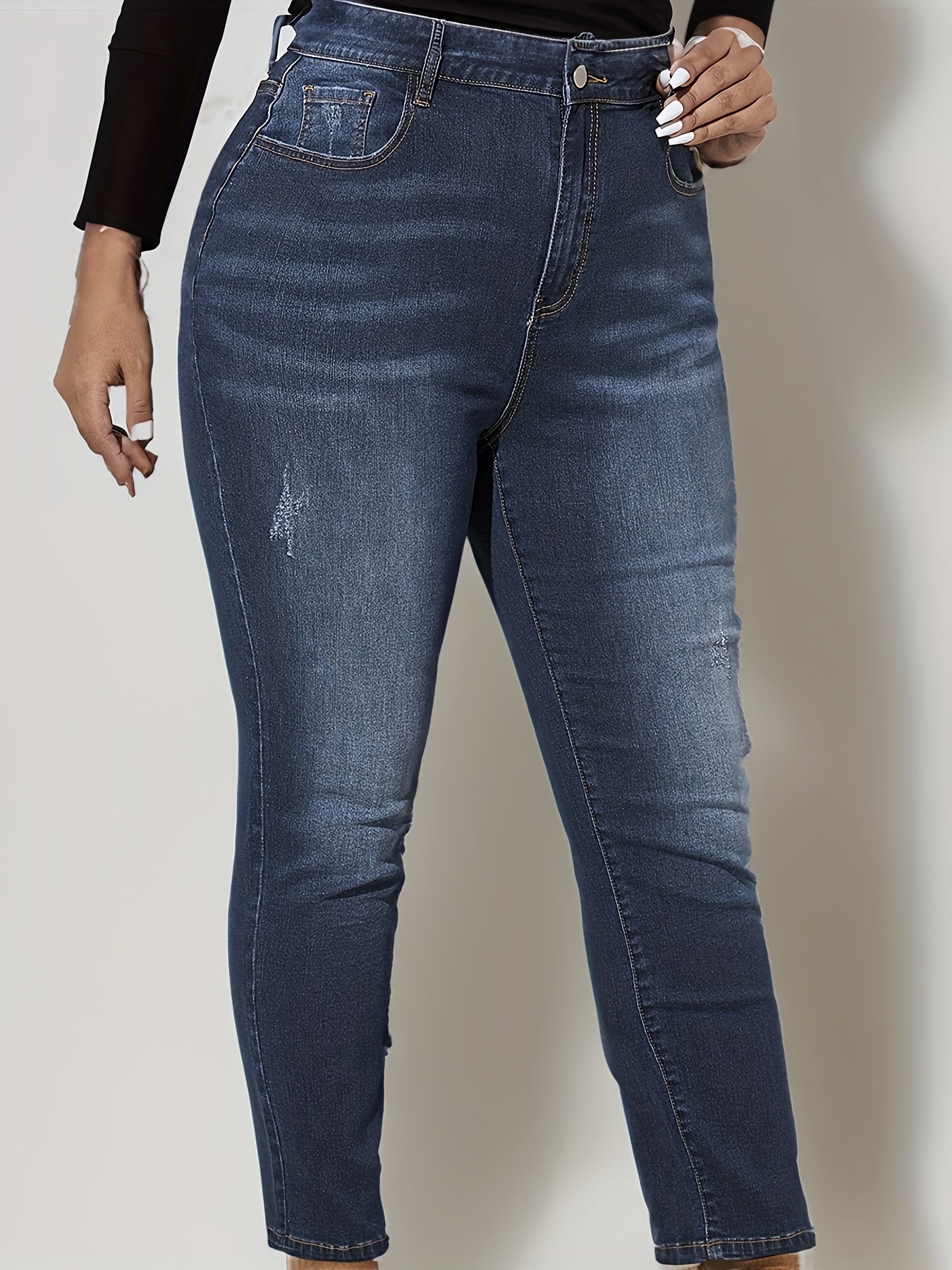 High Stretch Skinny Jeans, Washed Ripped Button Fly