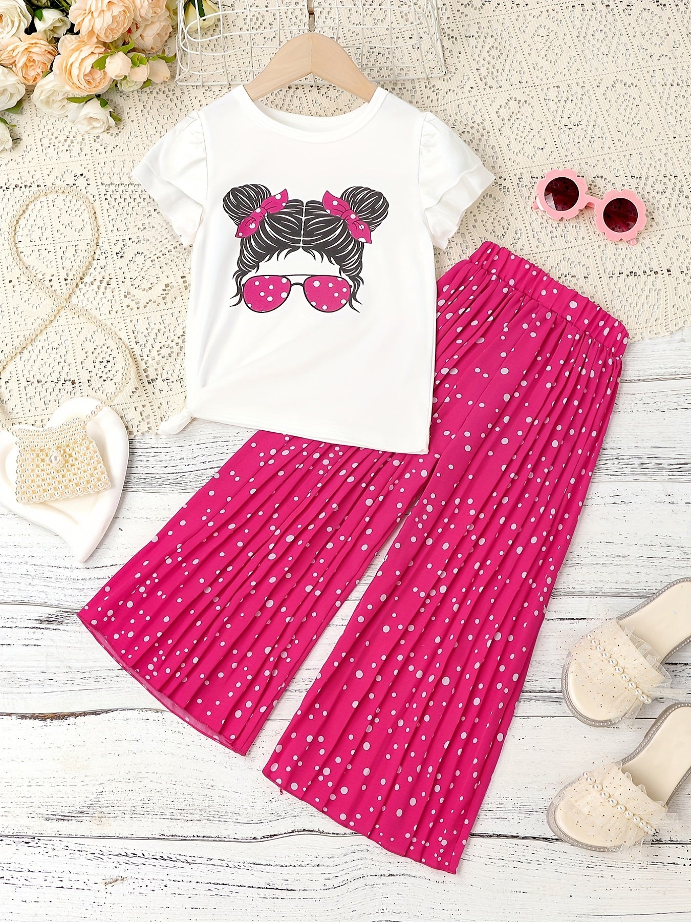 Girl Portrait Pattern T shirt & Polka Dot Pants Set For Holiday