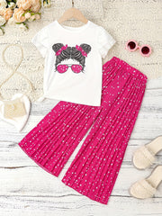 Girl Portrait Pattern T shirt & Polka Dot Pants Set For Holiday
