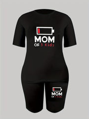 Mom Of 3 Kids Two Piece Set - Short Sleeve Crew Neck T Shirt & Shorts