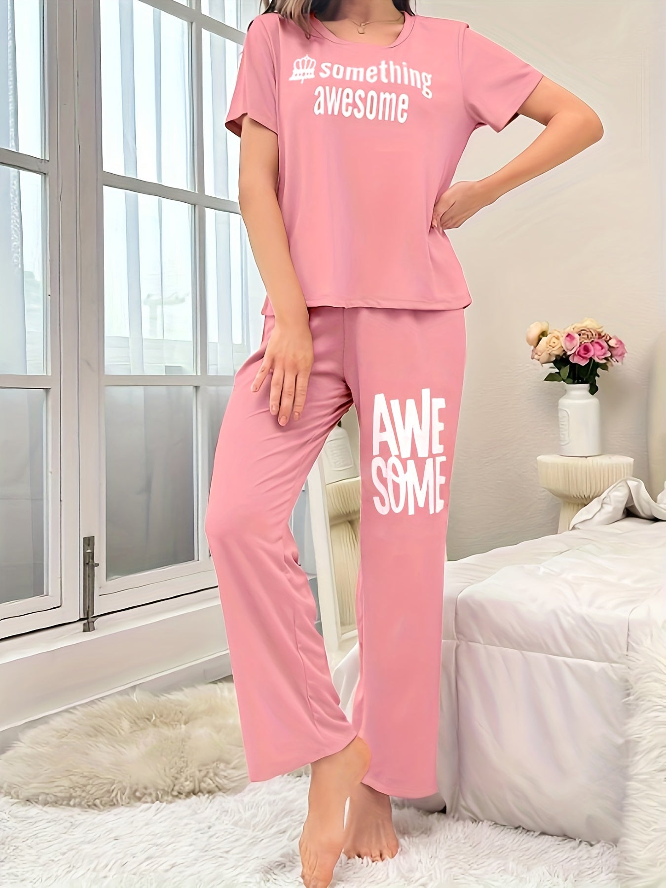 Letter Print Lounge Set Short Sleeve Crew Neck Top & Elastic Waistband Pants