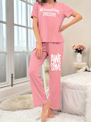 Letter Print Lounge Set Short Sleeve Crew Neck Top & Elastic Waistband Pants
