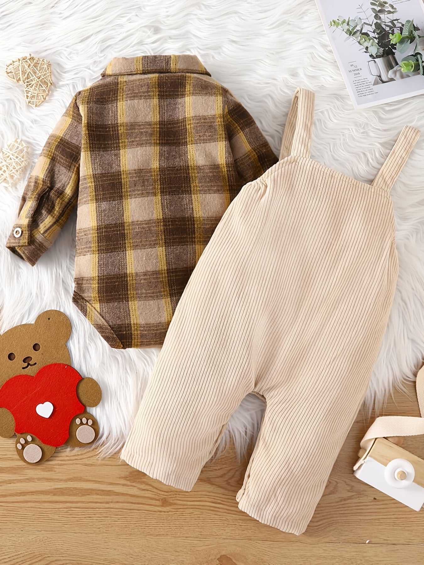 Baby Boys Plaid Romper & Bear Overall Pants Set