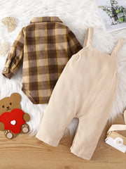 Baby Boys Plaid Romper & Bear Overall Pants Set