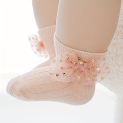 Baby Girls Sequin Bow Lace Trim Ankle Socks for Newborns